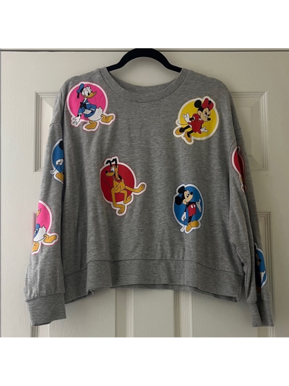 Disney Gray Crewneck Sweater with Colorful Character Patches